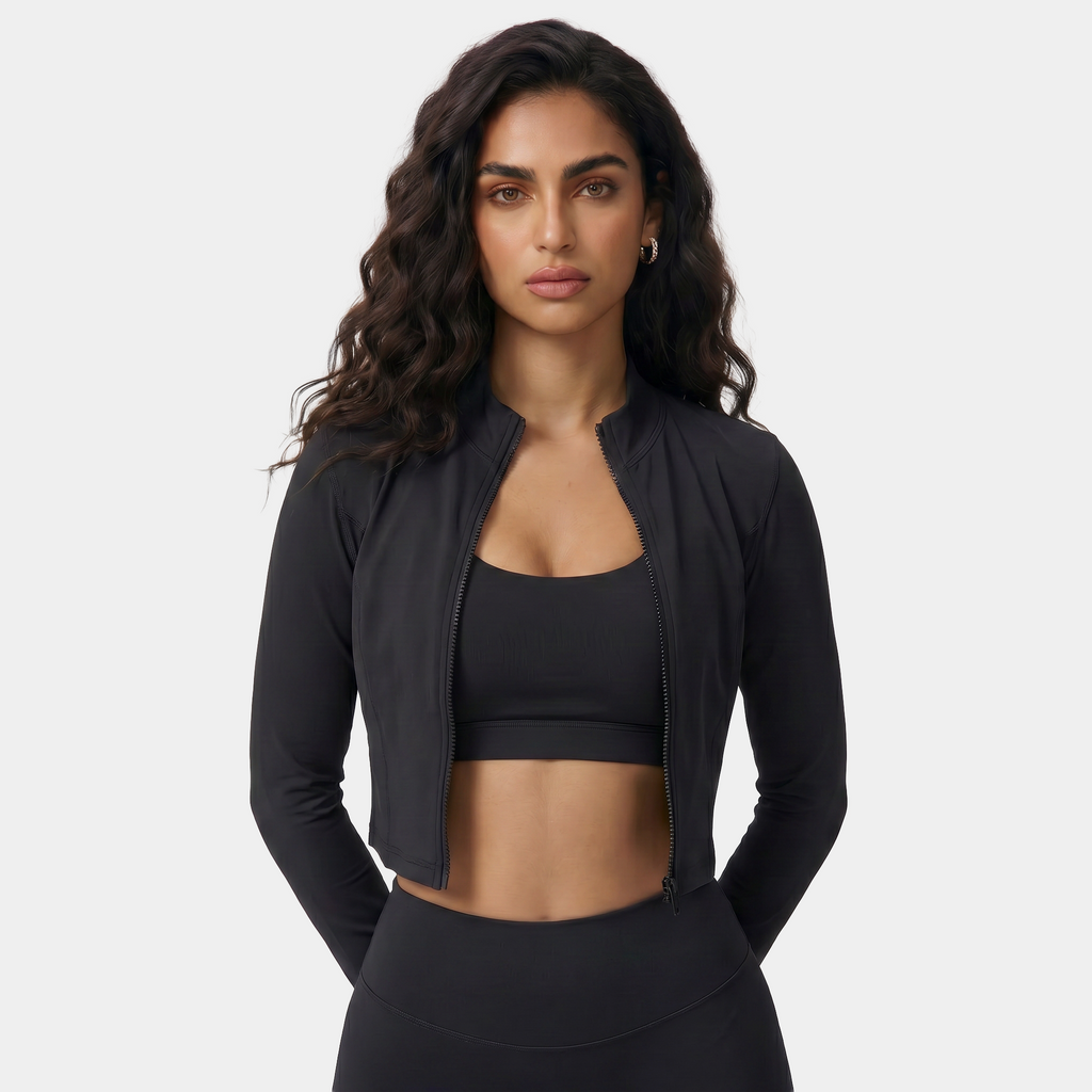 Women's black fitness jacket with zipper