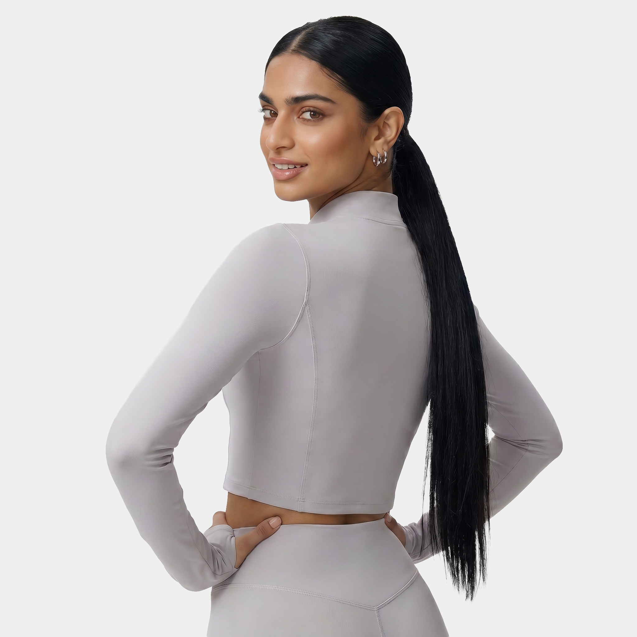 Women's light gray fitness jacket with long sleeve