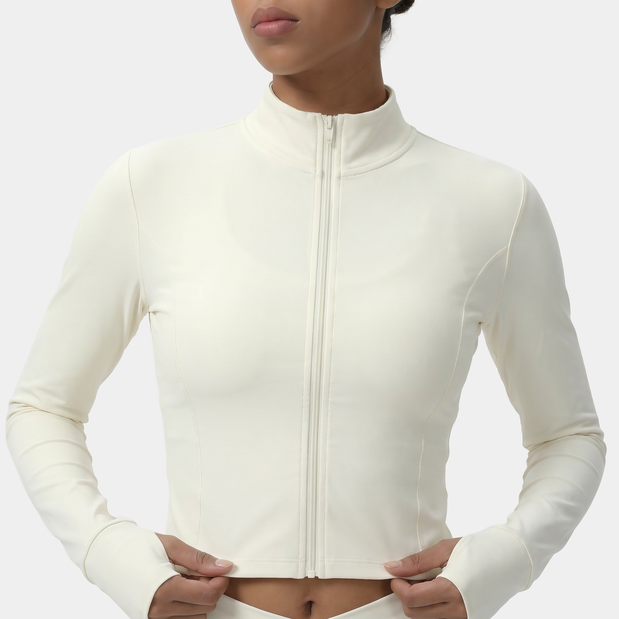 Cropped zip-up athletic jacket white cream