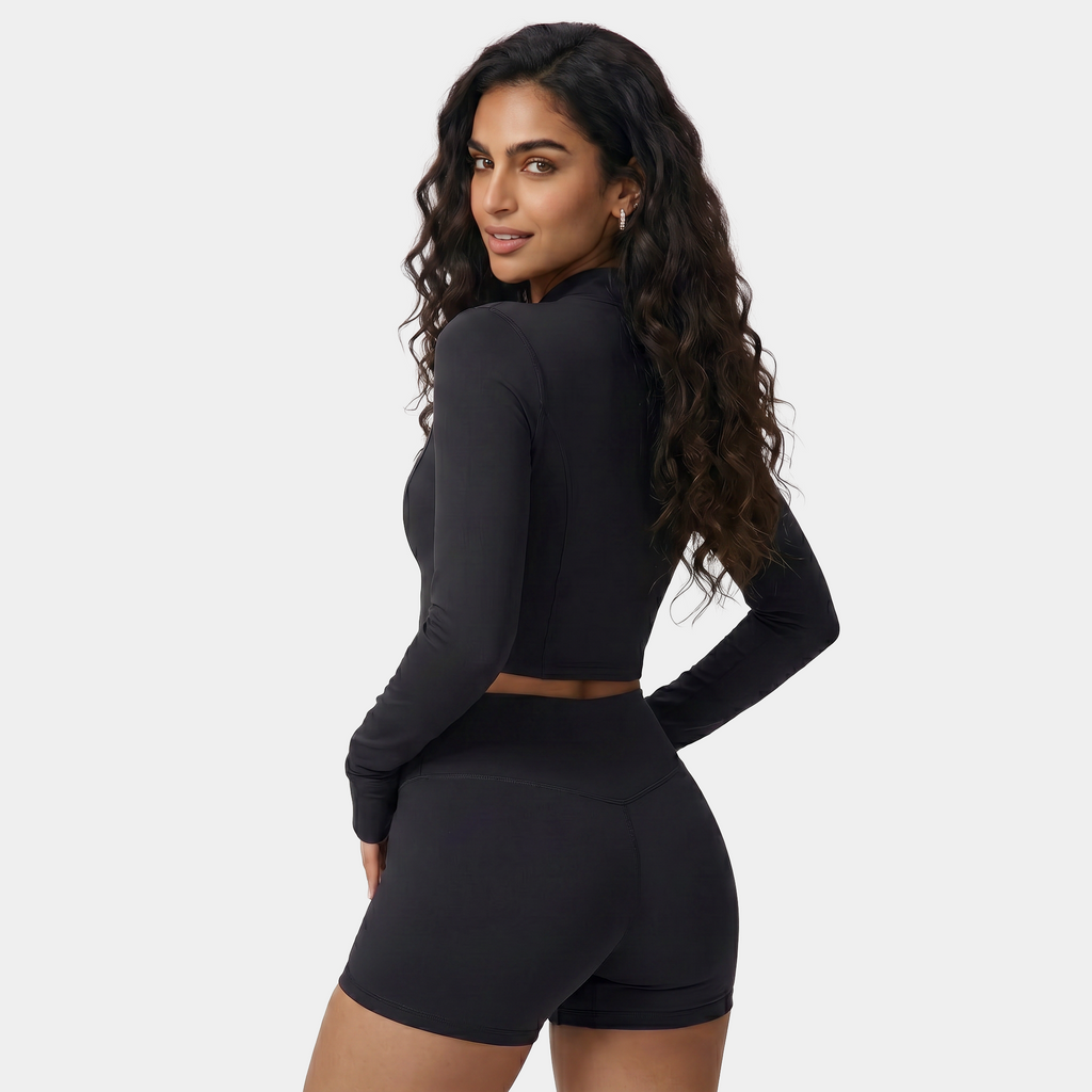 black long-sleeve sports crop top and shorts