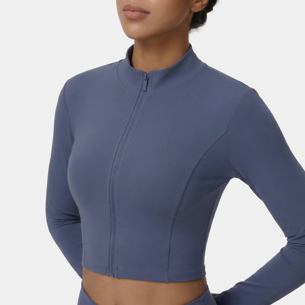 Cropped zip-up athletic jacket steel blue