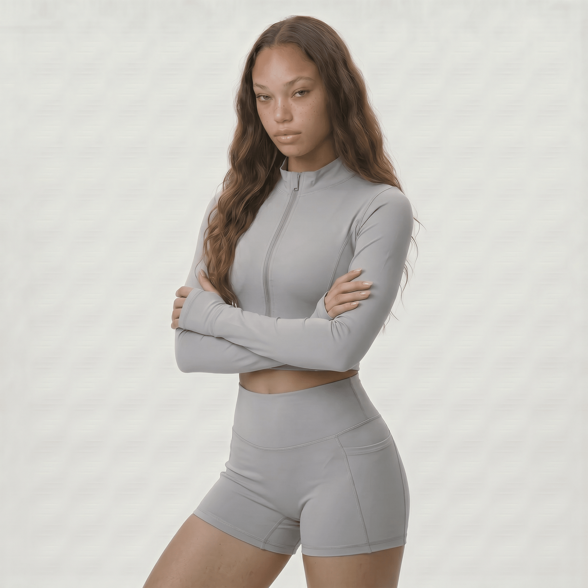 NAIRRE WOMENS JACKET & SHORTS SET LIGHT GRAY - Nairre