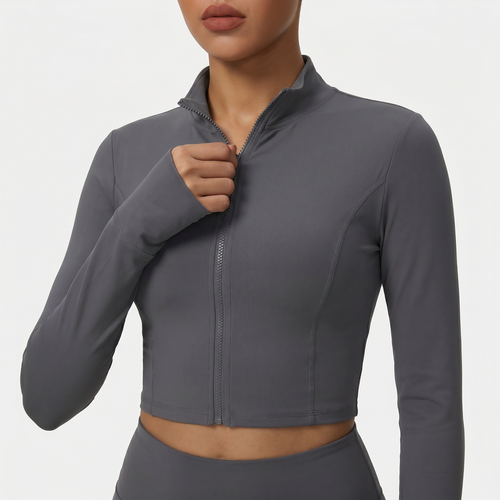 Women's cropped athletic jacket long sleeve gray
